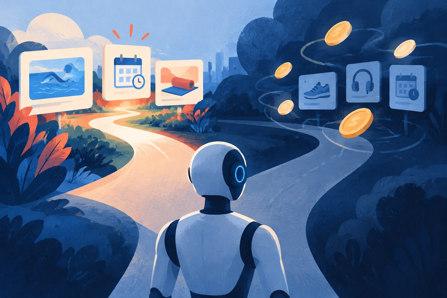 An AI agent faces paths shaped by user needs and hidden commercial incentives.