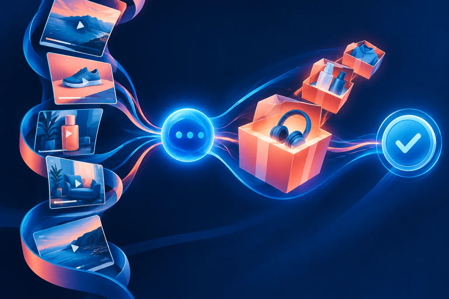 A video stream transforms into products and a payment token with AI guidance.