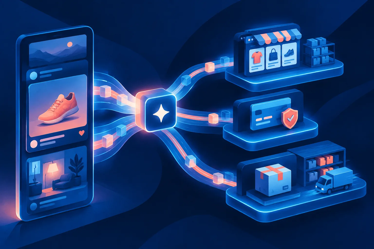 Commerce rails connect discovery with inventory, payments and fulfillment.