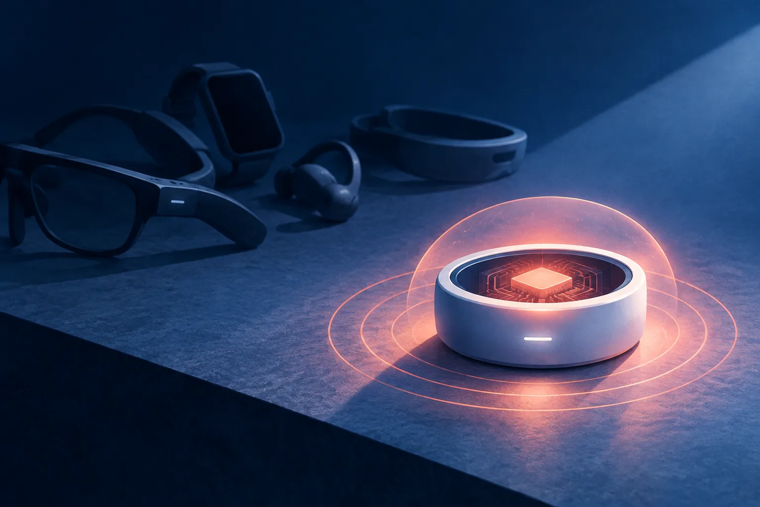 Discarded generic AI gadgets surround one device with a protected glowing core.