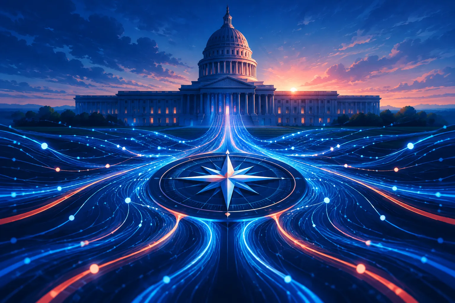 Federal building surrounded by abstract neural pathways and a glowing compass.