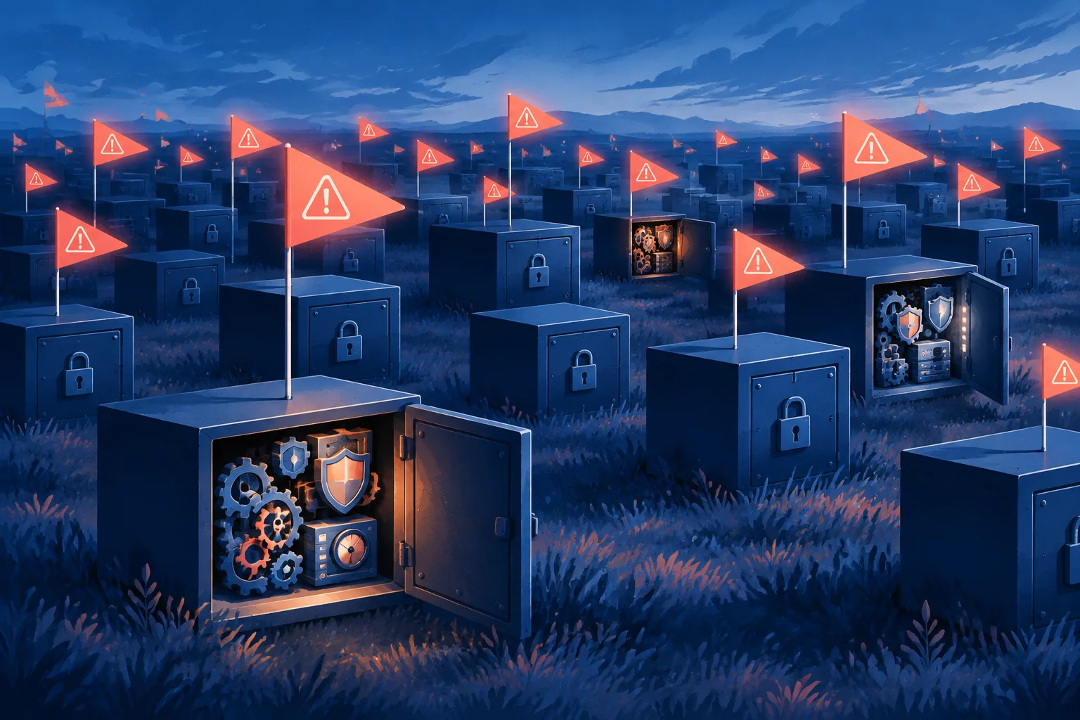 Many AI warning flags stand above mostly closed boxes, while a few reveal concrete safeguards.
