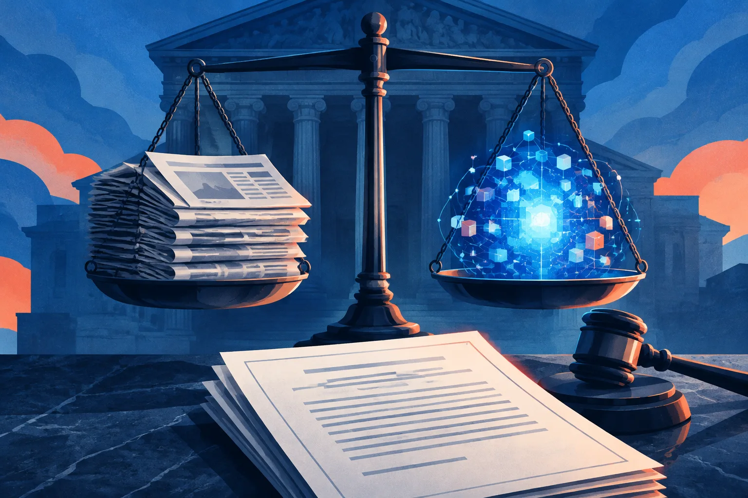 A courthouse scale balances newspaper pages against an abstract AI data core beside a legal filing.
