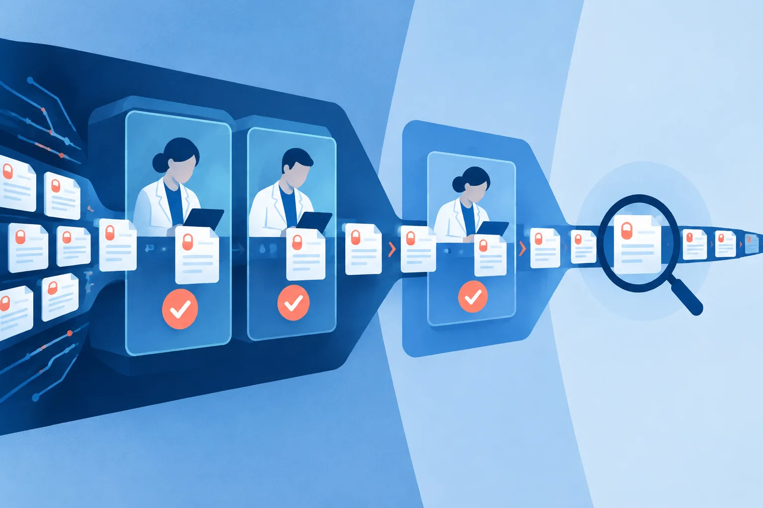 Prescription cards pass through three progressively narrower review checkpoints.
