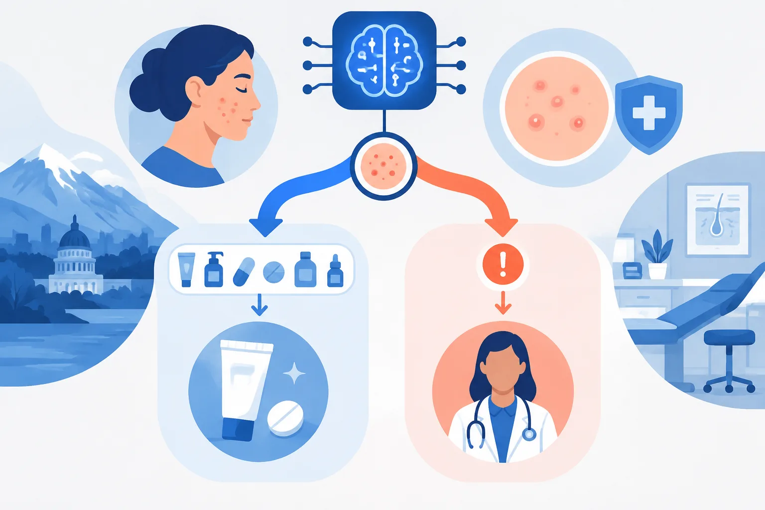 An AI treatment path branches toward routine care or physician referral.