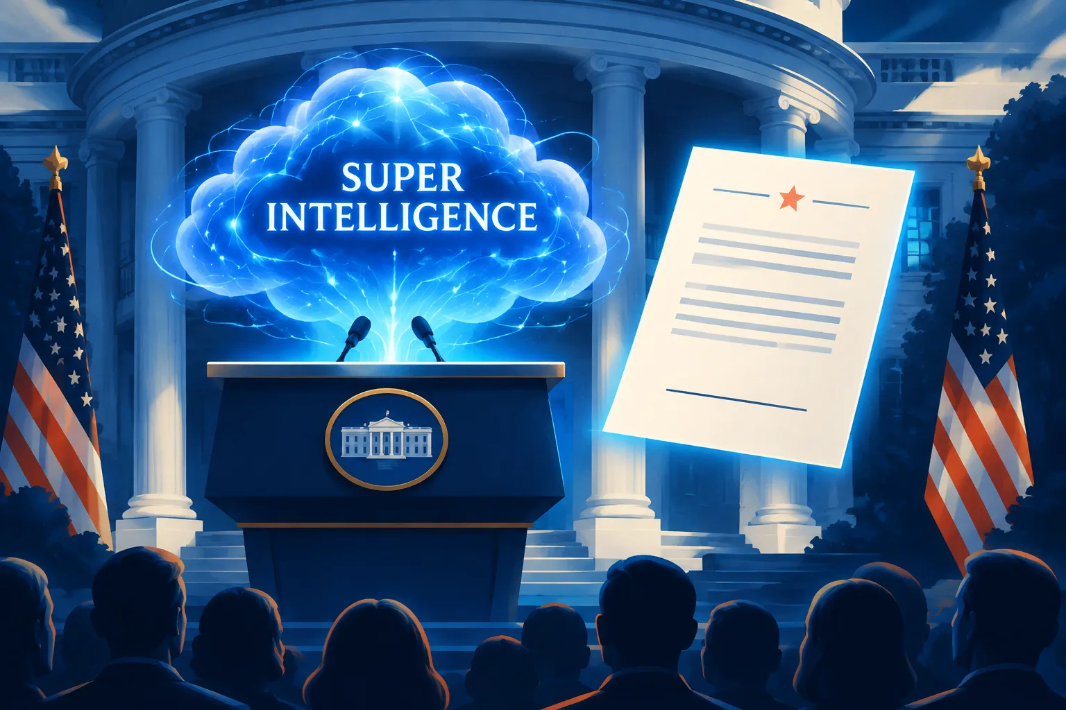 A government podium reframes a glowing AI cloud beside a voluntary pledge.