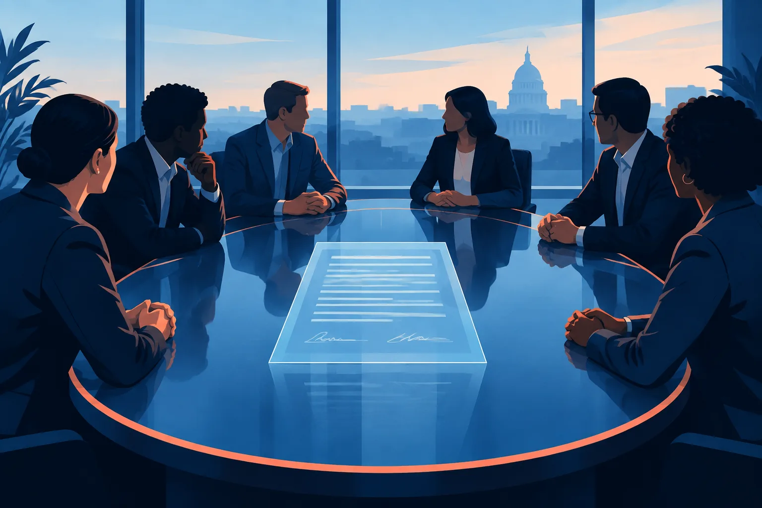Anonymous technology leaders gather around a table with a voluntary pledge.