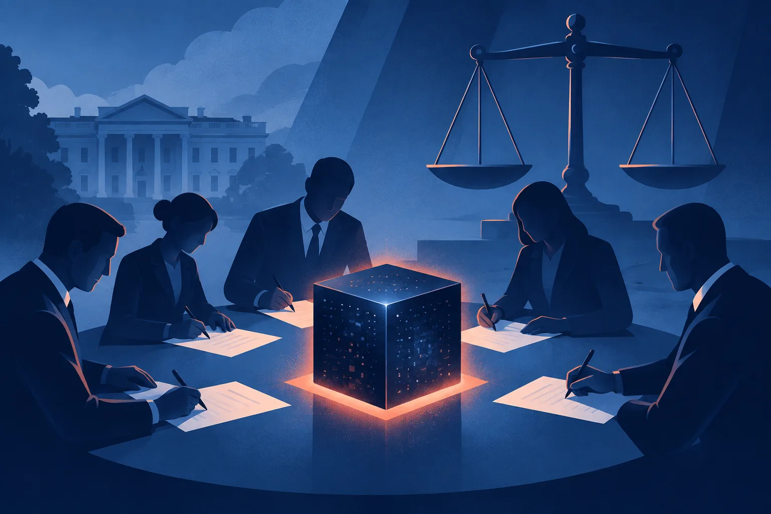 Anonymous executives sign an AI safety compact beside empty enforcement scales.