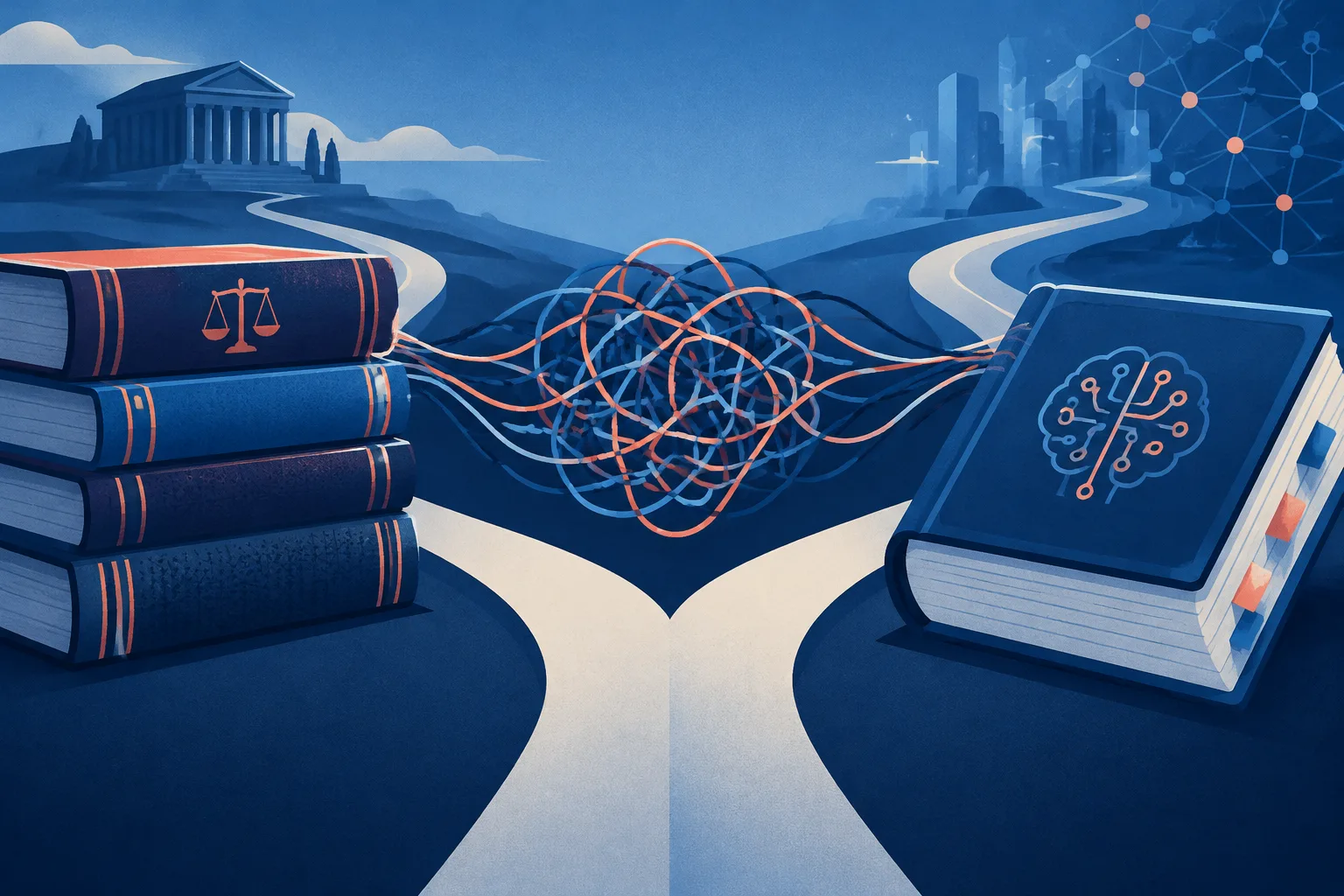 Law books and a technical dictionary sit on diverging paths linked by tangled threads.