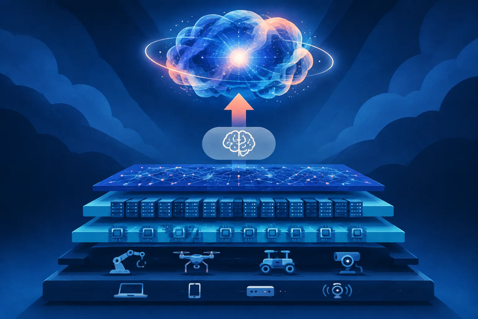 Editorial illustration of one AI terminology label replacing another across varied systems.