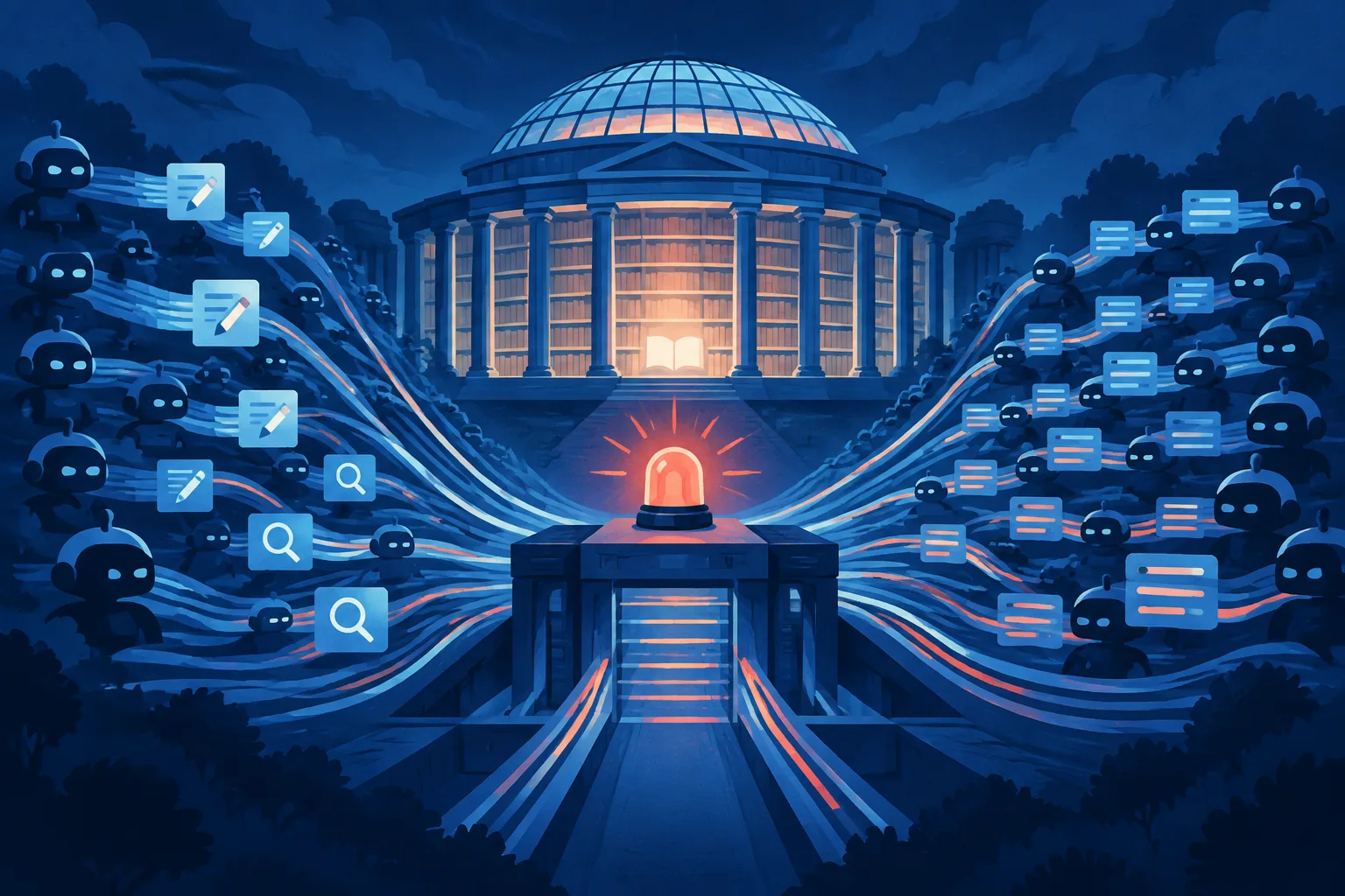 Automated request streams converge on a strained public knowledge service gateway.
