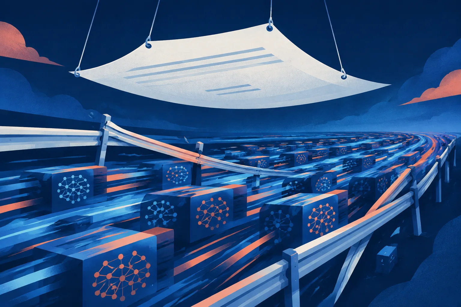 Editorial illustration of voluntary guardrails surrounding fast-moving AI systems.