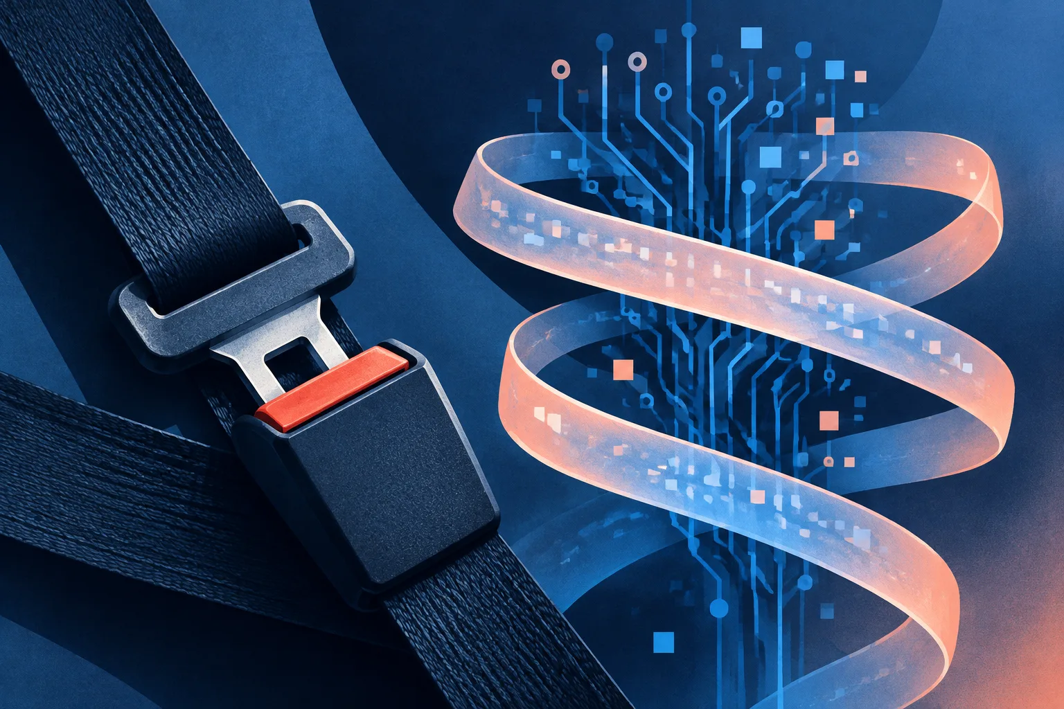 Illustration contrasting a mechanical safety belt with a loose digital promise.